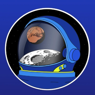 Astronauta-kasko baten irudi txikiagoa. Bertan, ilargia eta Marte islatzen dira, hondo urdinaren gainean.